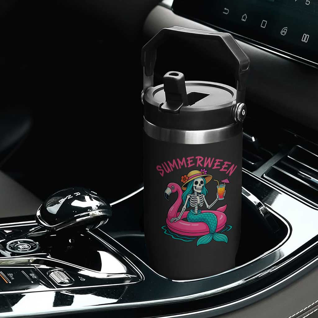 Summerween Skeleton Mermaid Flip Straw Tumbler Flamingo Float Funny Spooky Summer Halloween Vibes TS02 Print Your Wear