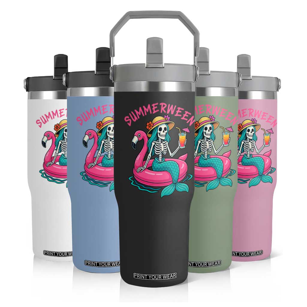 Summerween Skeleton Mermaid Flip Straw Tumbler Flamingo Float Funny Spooky Summer Halloween Vibes TS02 Print Your Wear