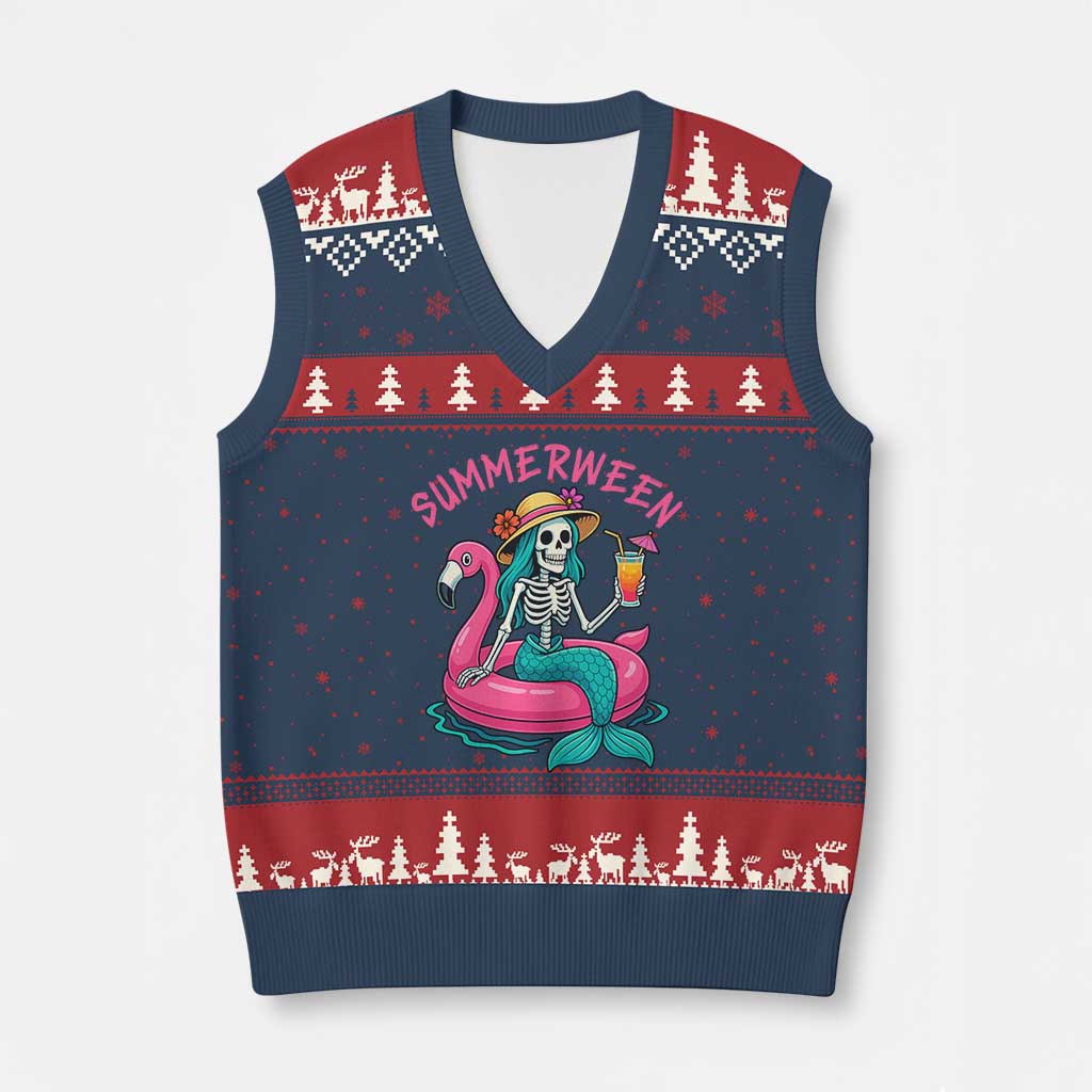 Summerween Skeleton Mermaid V-Neck Knit Sweater Vest Flamingo Float Funny Spooky Summer Halloween Vibes TS02 Navy Red Print Your Wear