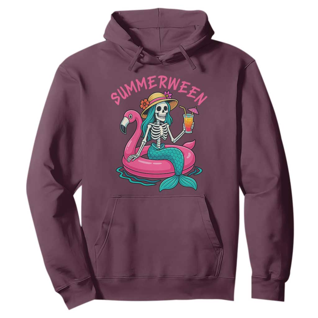 Summerween Skeleton Mermaid Hoodie Flamingo Float Funny Spooky Summer Halloween Vibes TS02 Maroon Print Your Wear