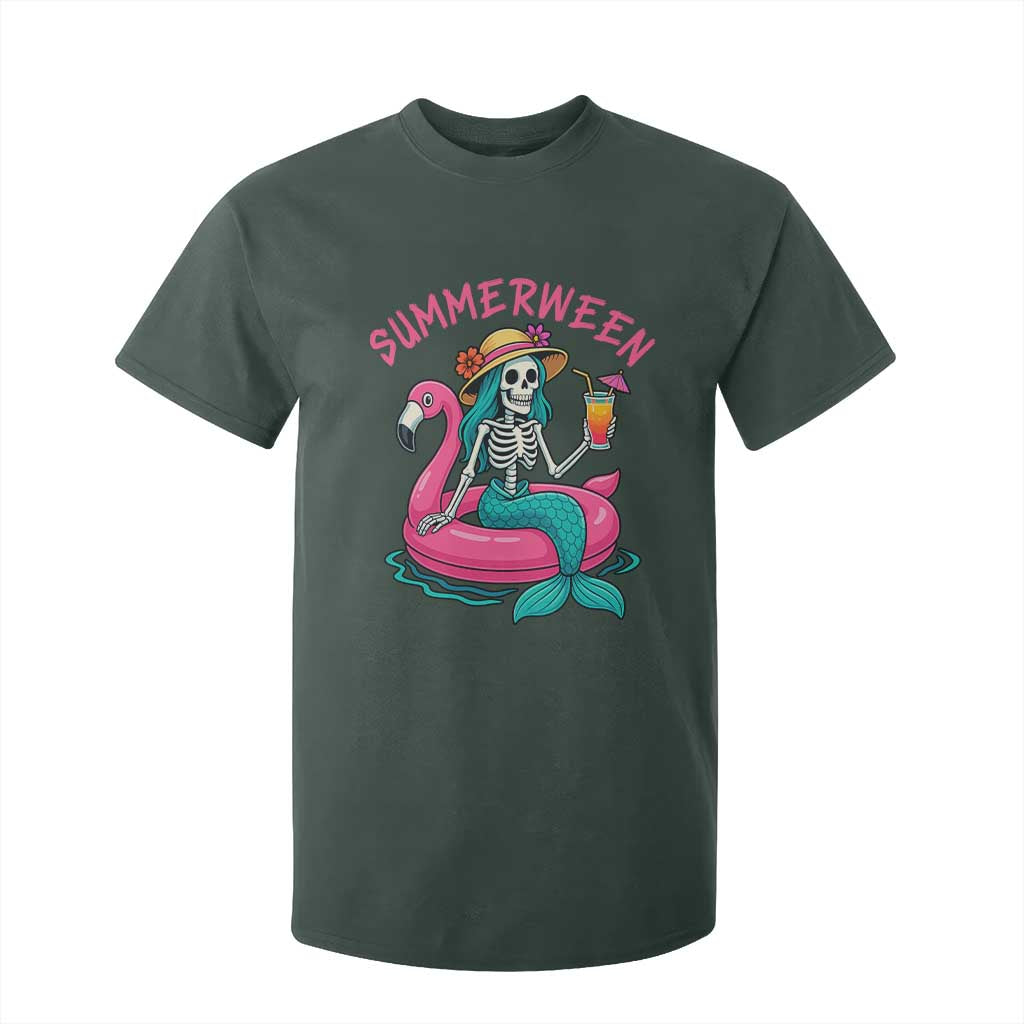 Summerween Skeleton Mermaid T Shirt For Kid Flamingo Float Funny Spooky Summer Halloween Vibes TS02 Dark Forest Green Print Your Wear