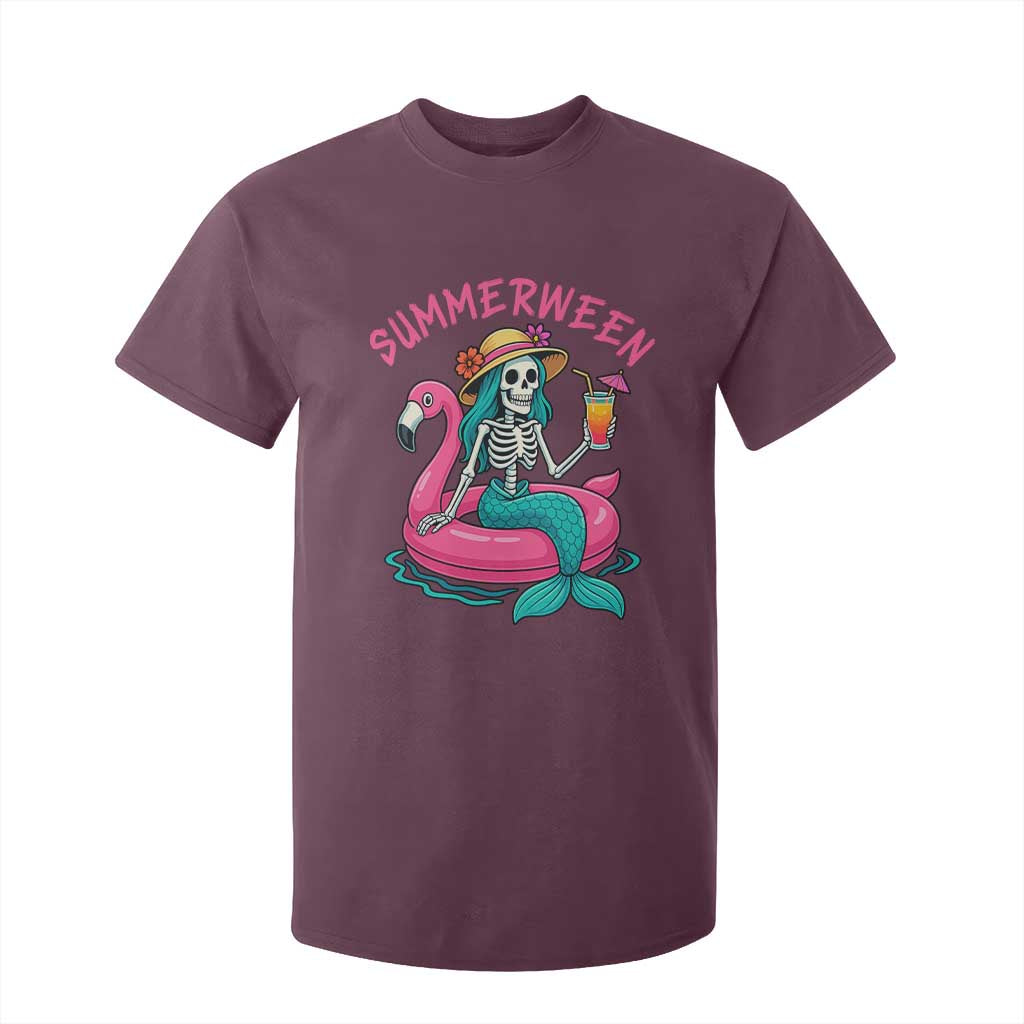 Summerween Skeleton Mermaid T Shirt For Kid Flamingo Float Funny Spooky Summer Halloween Vibes TS02 Maroon Print Your Wear