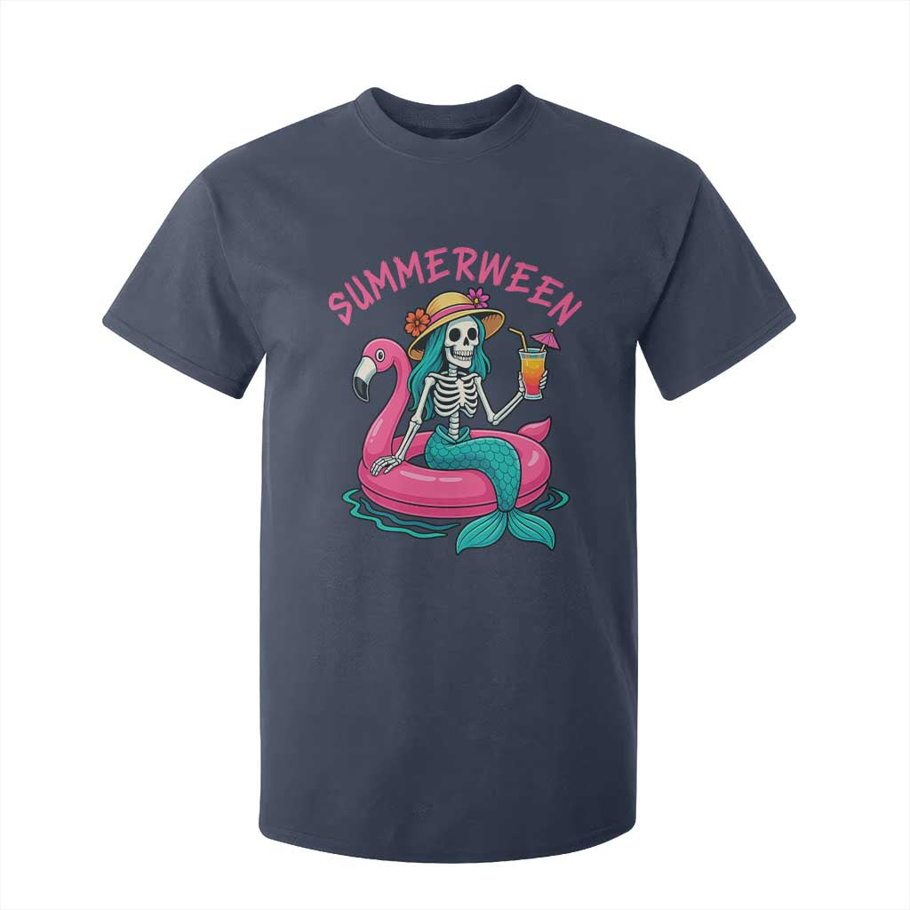 Summerween Skeleton Mermaid T Shirt For Kid Flamingo Float Funny Spooky Summer Halloween Vibes TS02 Navy Print Your Wear