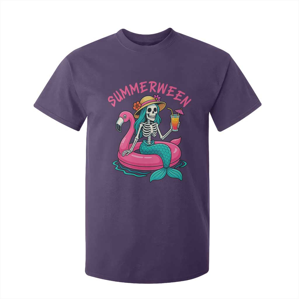Summerween Skeleton Mermaid T Shirt For Kid Flamingo Float Funny Spooky Summer Halloween Vibes TS02 Purple Print Your Wear