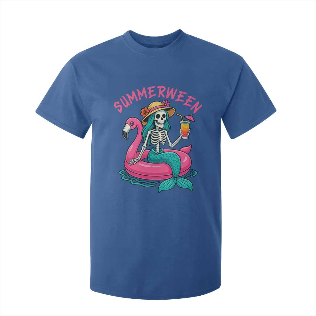 Summerween Skeleton Mermaid T Shirt For Kid Flamingo Float Funny Spooky Summer Halloween Vibes TS02 Royal Blue Print Your Wear