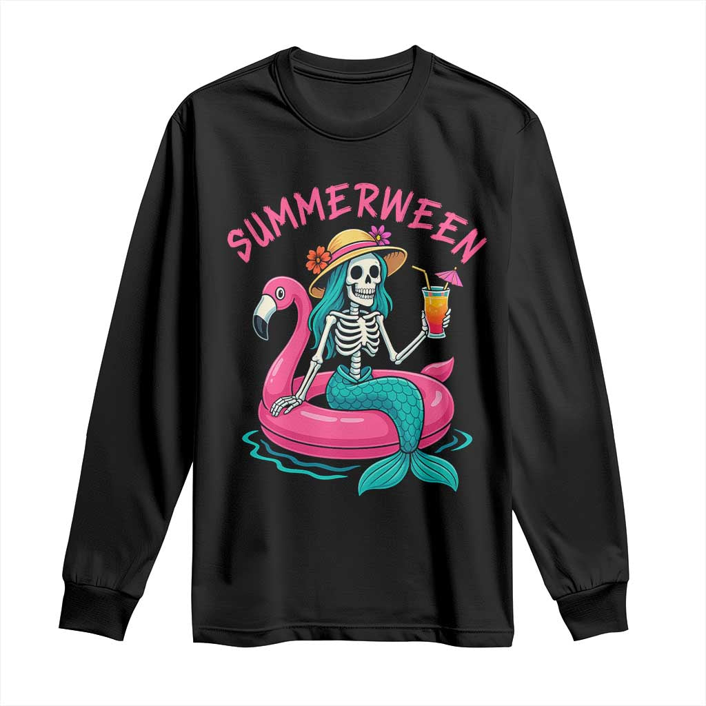 Summerween Skeleton Mermaid Long Sleeve Shirt Flamingo Float Funny Spooky Summer Halloween Vibes TS02 Black Print Your Wear