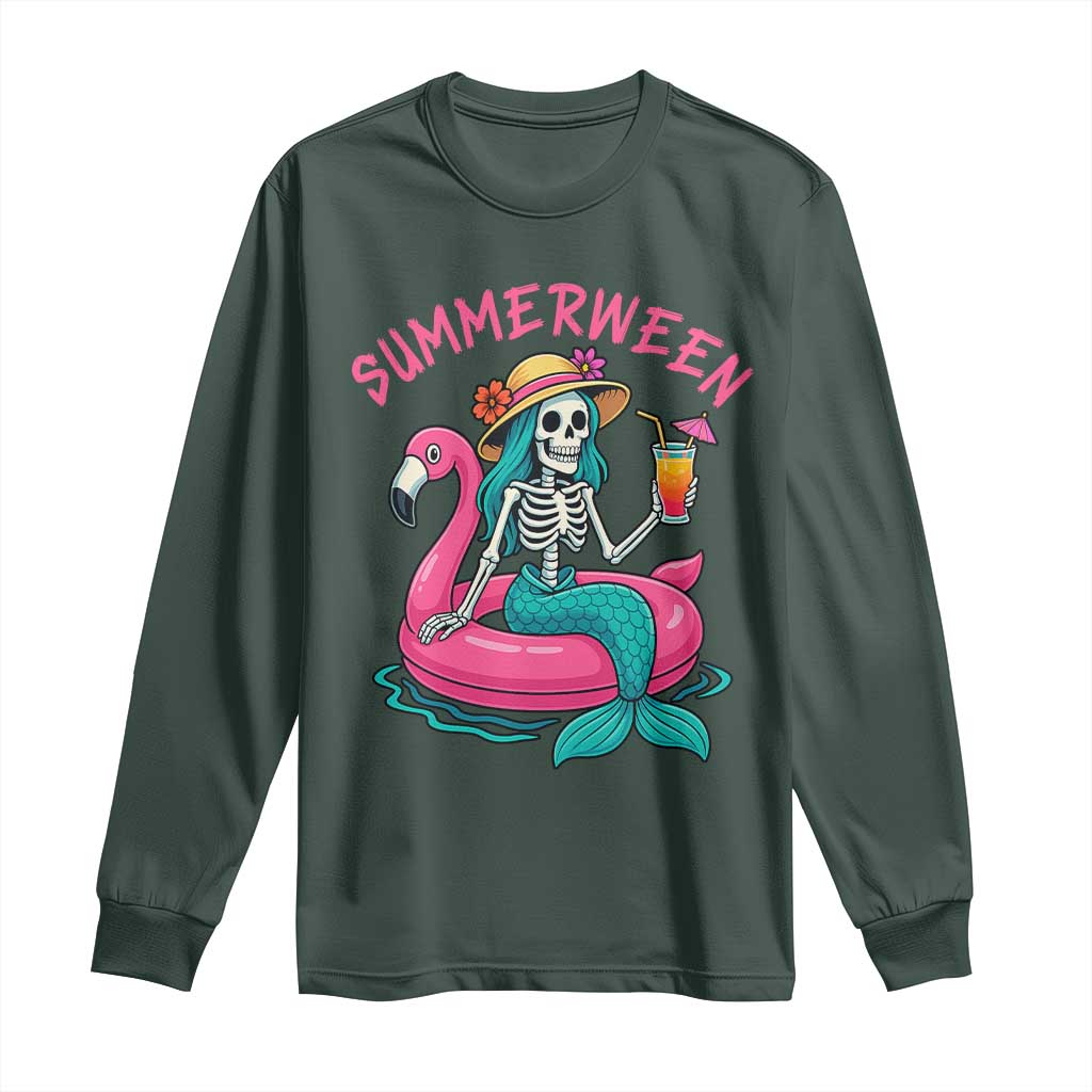 Summerween Skeleton Mermaid Long Sleeve Shirt Flamingo Float Funny Spooky Summer Halloween Vibes TS02 Dark Forest Green Print Your Wear