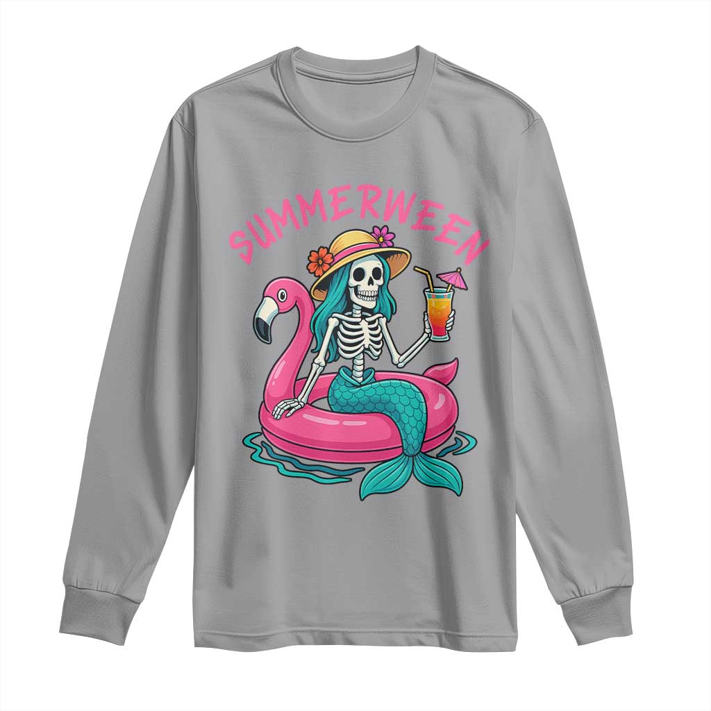 Summerween Skeleton Mermaid Long Sleeve Shirt Flamingo Float Funny Spooky Summer Halloween Vibes TS02 Sport Gray Print Your Wear