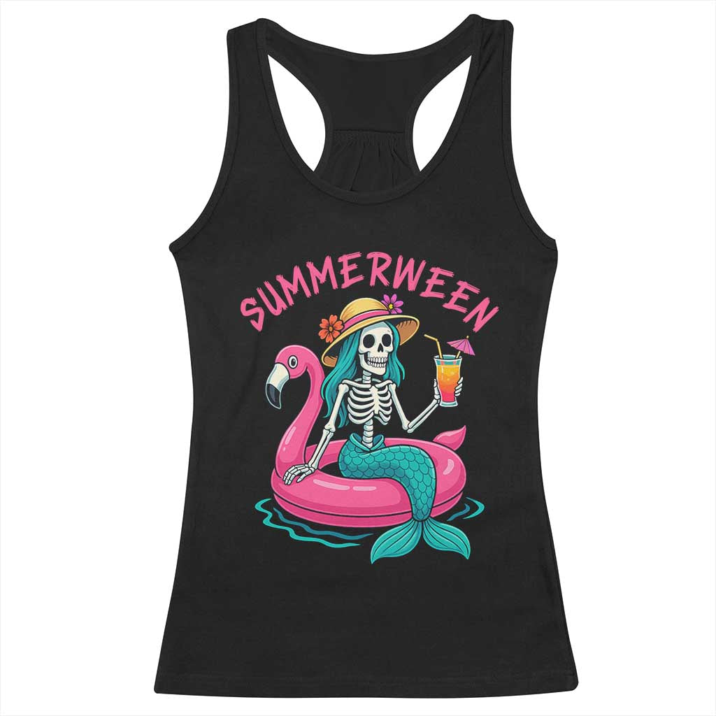 Summerween Skeleton Mermaid Racerback Tank Top Flamingo Float Funny Spooky Summer Halloween Vibes TS02 Black Print Your Wear