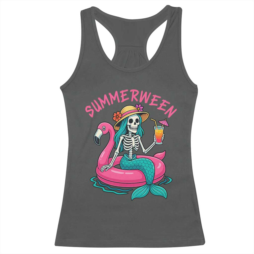 Summerween Skeleton Mermaid Racerback Tank Top Flamingo Float Funny Spooky Summer Halloween Vibes TS02 Dark Heather Print Your Wear