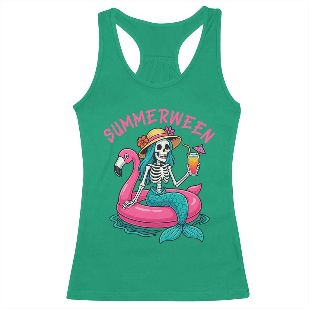 Summerween Skeleton Mermaid Racerback Tank Top Flamingo Float Funny Spooky Summer Halloween Vibes TS02 Irish Green Print Your Wear