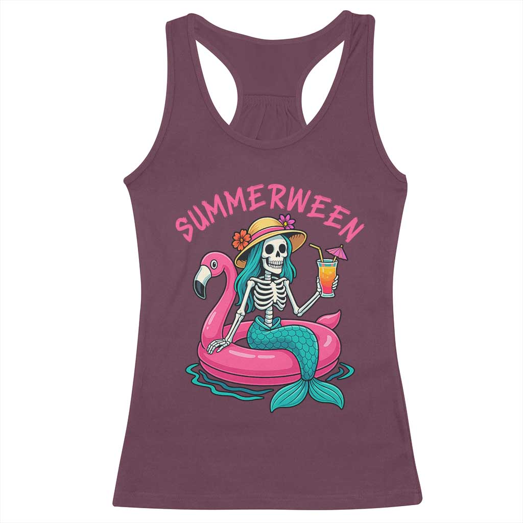 Summerween Skeleton Mermaid Racerback Tank Top Flamingo Float Funny Spooky Summer Halloween Vibes TS02 Maroon Print Your Wear