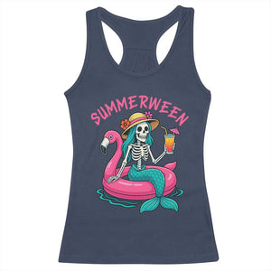 Summerween Skeleton Mermaid Racerback Tank Top Flamingo Float Funny Spooky Summer Halloween Vibes TS02 Navy Print Your Wear