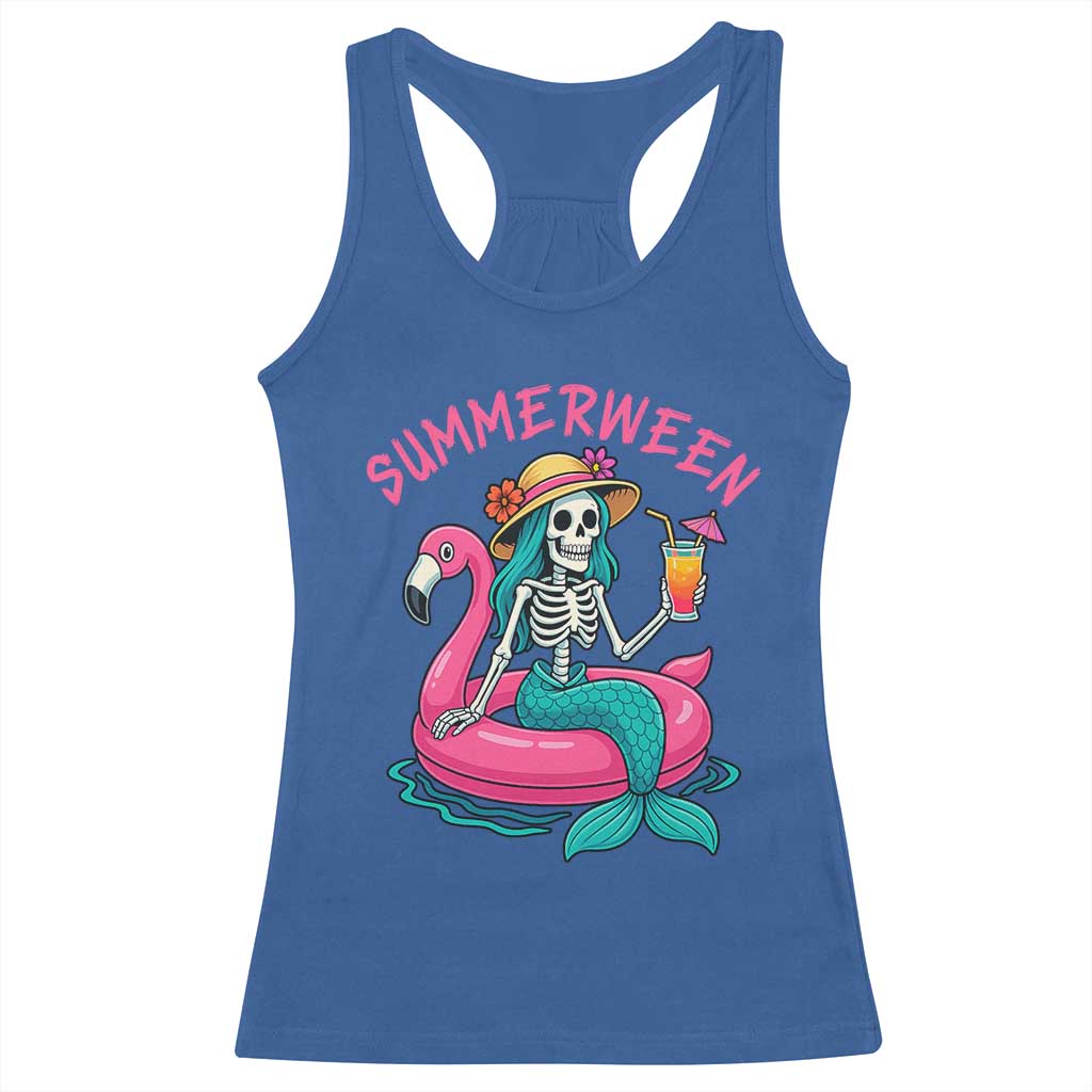Summerween Skeleton Mermaid Racerback Tank Top Flamingo Float Funny Spooky Summer Halloween Vibes TS02 Royal Blue Print Your Wear