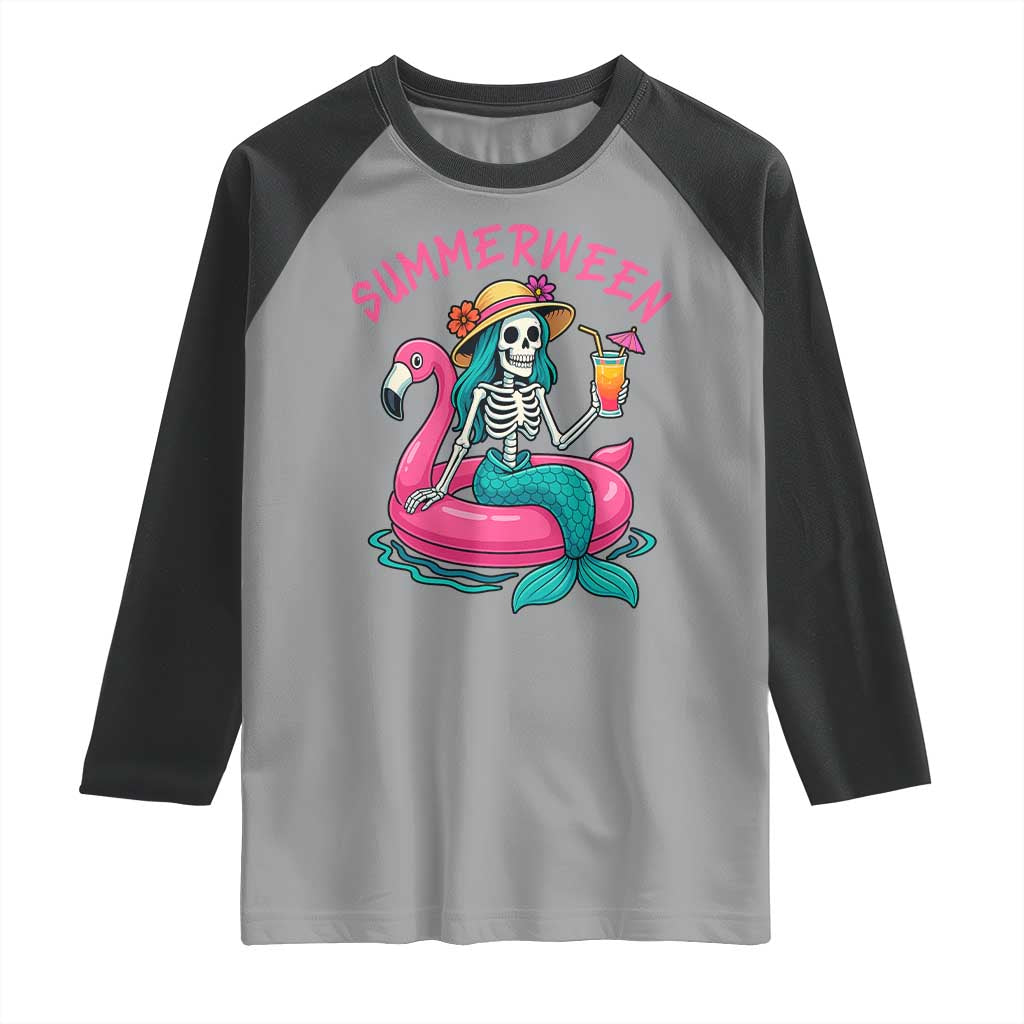 Summerween Skeleton Mermaid Raglan Shirt Flamingo Float Funny Spooky Summer Halloween Vibes TS02 Sport Gray Black Print Your Wear