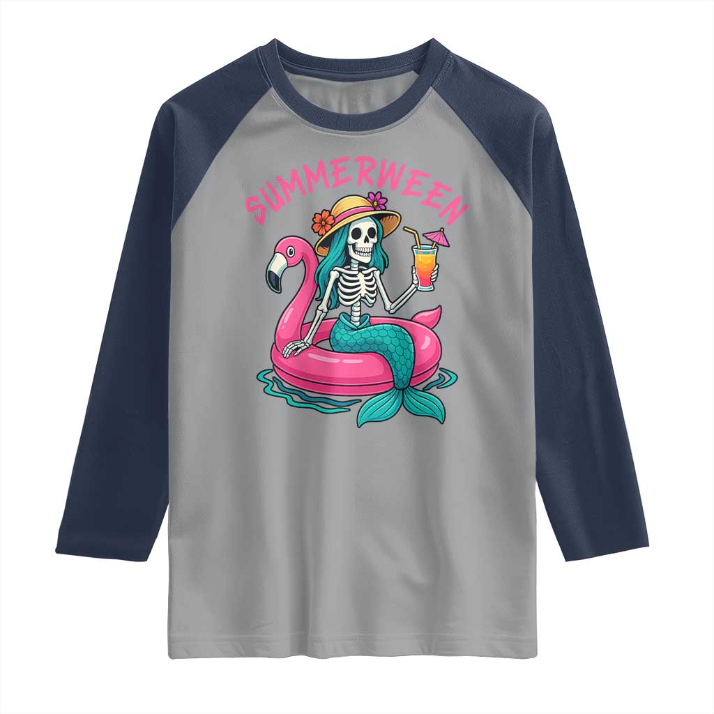 Summerween Skeleton Mermaid Raglan Shirt Flamingo Float Funny Spooky Summer Halloween Vibes TS02 Sport Gray Navy Print Your Wear