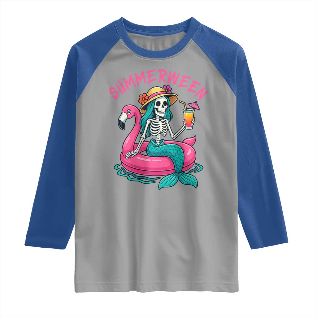 Summerween Skeleton Mermaid Raglan Shirt Flamingo Float Funny Spooky Summer Halloween Vibes TS02 Sport Gray Royal Print Your Wear