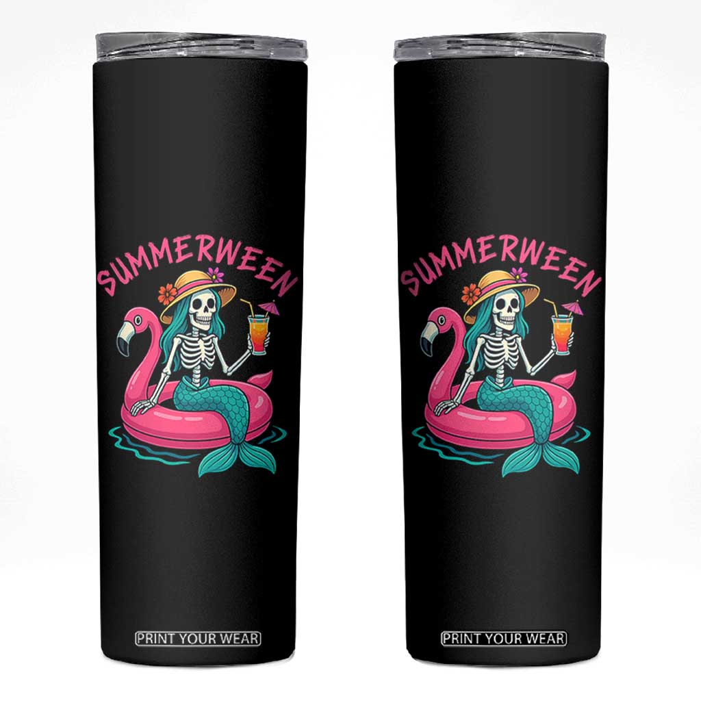 Summerween Skeleton Mermaid Skinny Tumbler Flamingo Float Funny Spooky Summer Halloween Vibes TS02 Black Print Your Wear