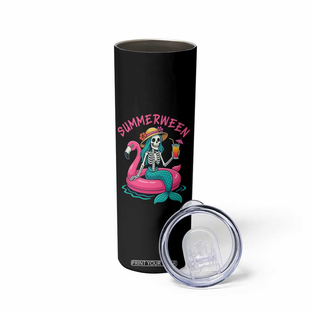 Summerween Skeleton Mermaid Skinny Tumbler Flamingo Float Funny Spooky Summer Halloween Vibes TS02 Print Your Wear
