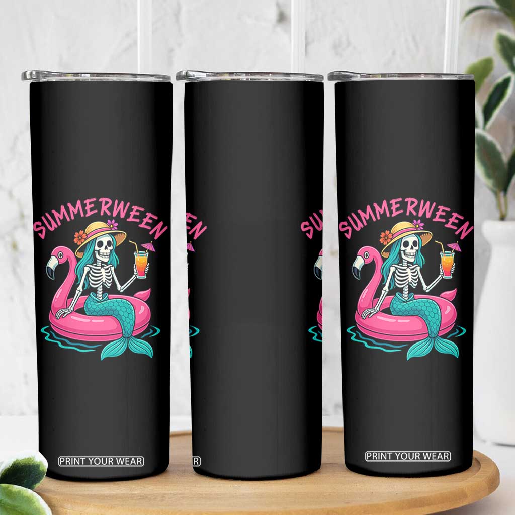 Summerween Skeleton Mermaid Skinny Tumbler Flamingo Float Funny Spooky Summer Halloween Vibes TS02 Print Your Wear