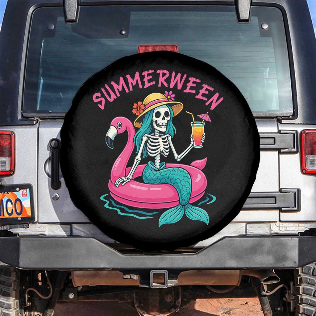 Summerween Skeleton Mermaid Spare Tire Cover Flamingo Float Funny Spooky Summer Halloween Vibes TS02 No hole Black Print Your Wear