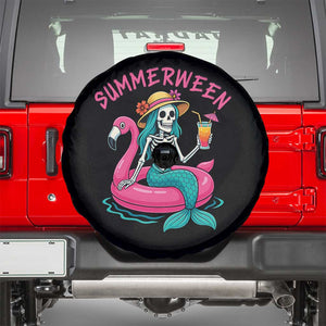 Summerween Skeleton Mermaid Spare Tire Cover Flamingo Float Funny Spooky Summer Halloween Vibes TS02 Black Print Your Wear