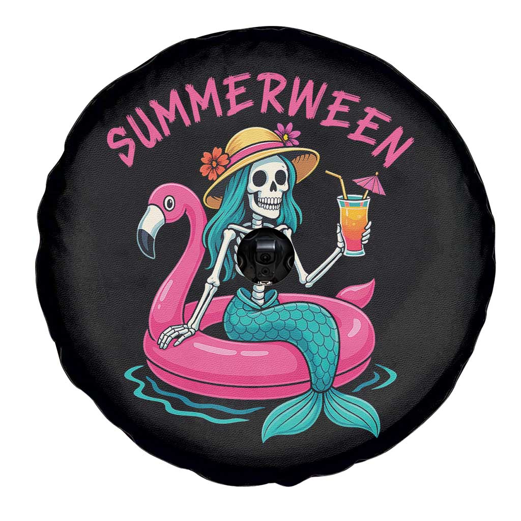 Summerween Skeleton Mermaid Spare Tire Cover Flamingo Float Funny Spooky Summer Halloween Vibes TS02 Print Your Wear