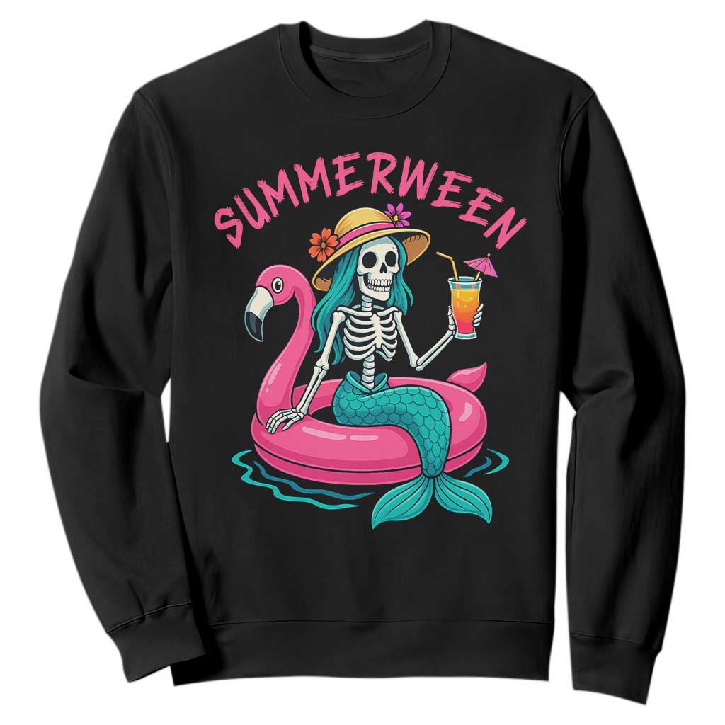 Summerween Skeleton Mermaid Sweatshirt Flamingo Float Funny Spooky Summer Halloween Vibes TS02 Black Print Your Wear