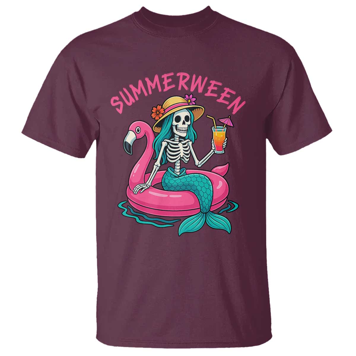 Summerween Skeleton Mermaid T Shirt Flamingo Float Funny Spooky Summer Halloween Vibes TS02 Maroon Print Your Wear