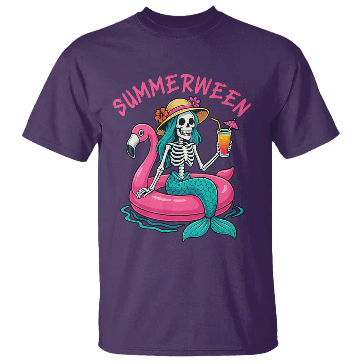 Summerween Skeleton Mermaid T Shirt Flamingo Float Funny Spooky Summer Halloween Vibes TS02 Purple Print Your Wear
