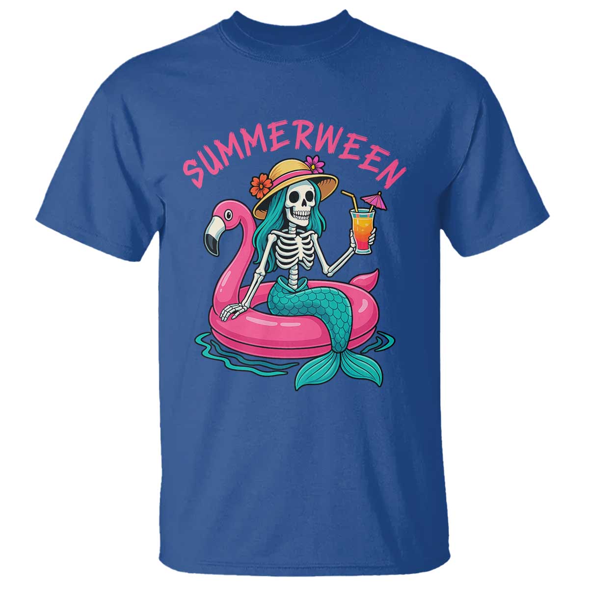 Summerween Skeleton Mermaid T Shirt Flamingo Float Funny Spooky Summer Halloween Vibes TS02 Royal Blue Print Your Wear