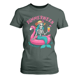 Summerween Skeleton Mermaid T Shirt For Women Flamingo Float Funny Spooky Summer Halloween Vibes TS02 Dark Forest Green Print Your Wear