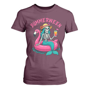 Summerween Skeleton Mermaid T Shirt For Women Flamingo Float Funny Spooky Summer Halloween Vibes TS02 Maroon Print Your Wear