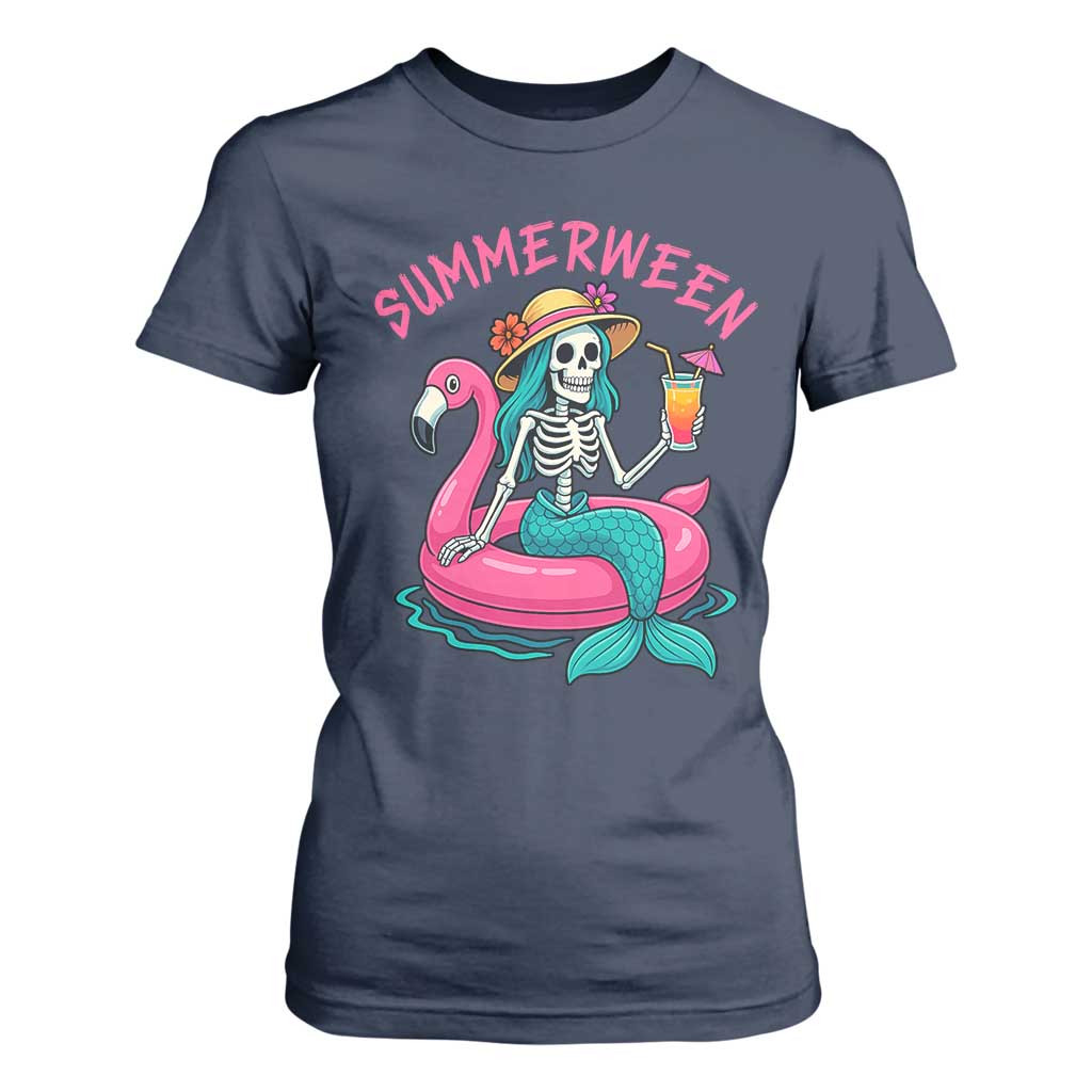 Summerween Skeleton Mermaid T Shirt For Women Flamingo Float Funny Spooky Summer Halloween Vibes TS02 Navy Print Your Wear