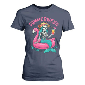 Summerween Skeleton Mermaid T Shirt For Women Flamingo Float Funny Spooky Summer Halloween Vibes TS02 Navy Print Your Wear
