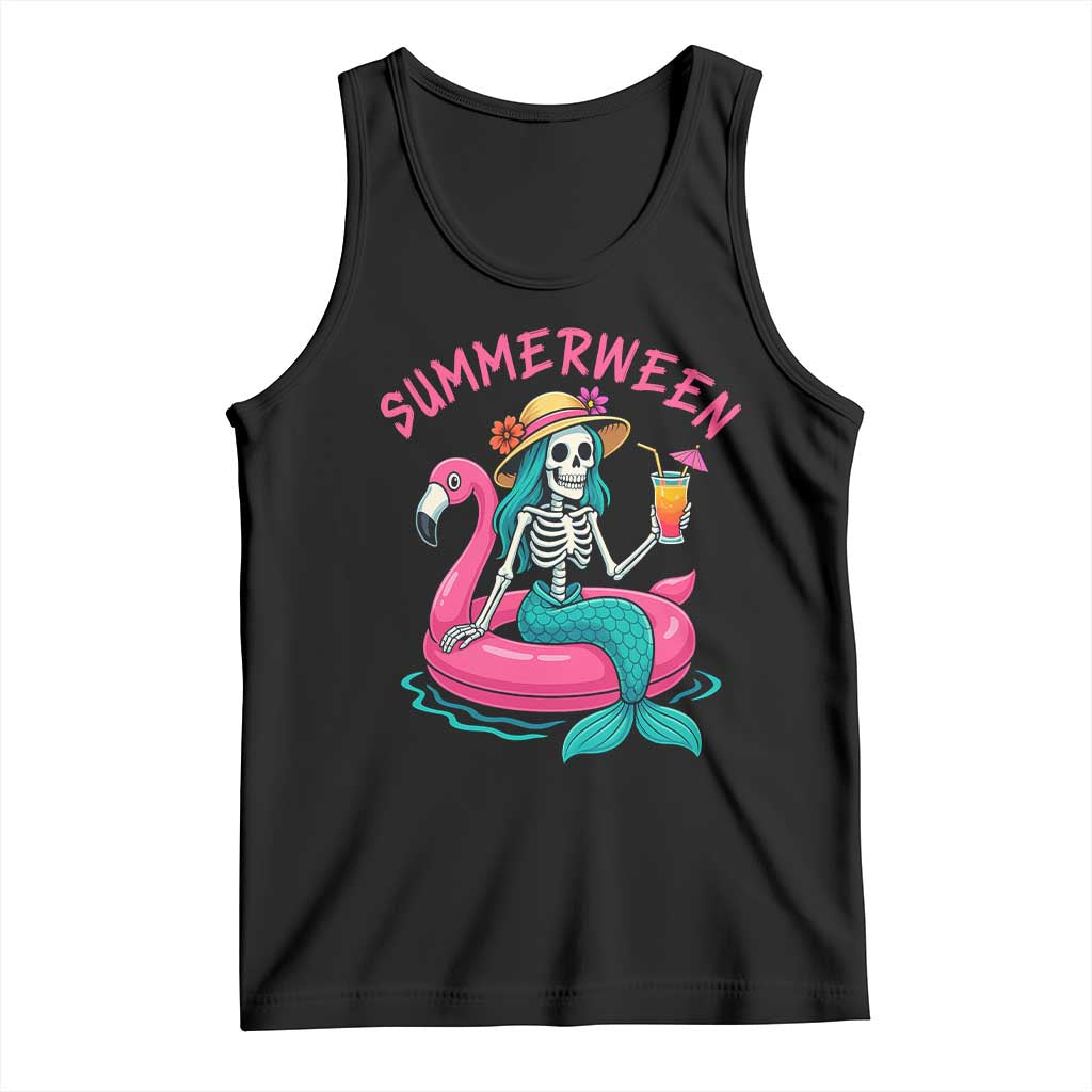 Summerween Skeleton Mermaid Tank Top Flamingo Float Funny Spooky Summer Halloween Vibes TS02 Black Print Your Wear