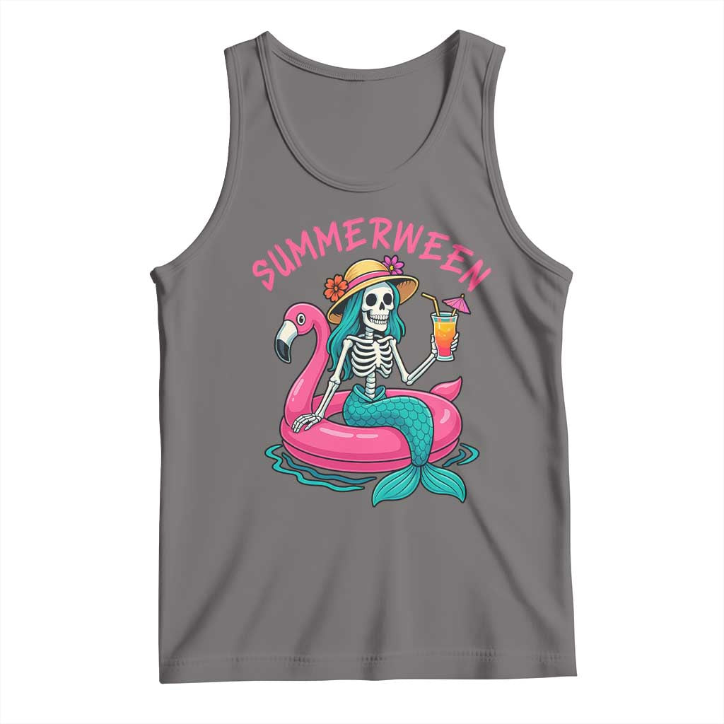 Summerween Skeleton Mermaid Tank Top Flamingo Float Funny Spooky Summer Halloween Vibes TS02 Deep Heather Print Your Wear