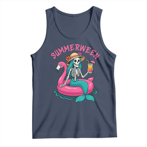 Summerween Skeleton Mermaid Tank Top Flamingo Float Funny Spooky Summer Halloween Vibes TS02 Navy Print Your Wear