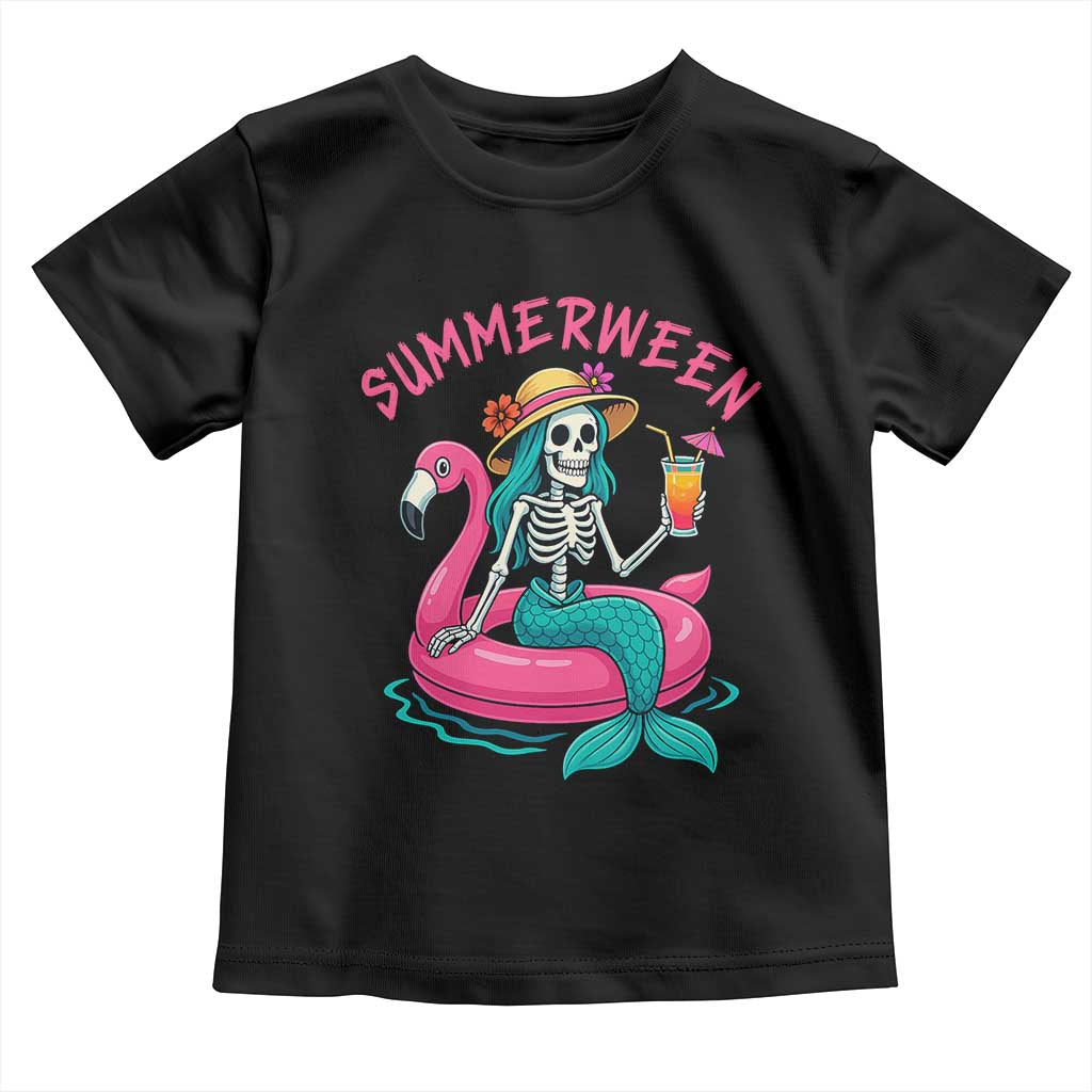 Summerween Skeleton Mermaid Toddler T Shirt Flamingo Float Funny Spooky Summer Halloween Vibes TS02 Black Print Your Wear
