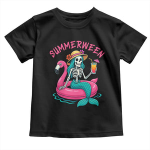Summerween Skeleton Mermaid Toddler T Shirt Flamingo Float Funny Spooky Summer Halloween Vibes TS02 Black Print Your Wear
