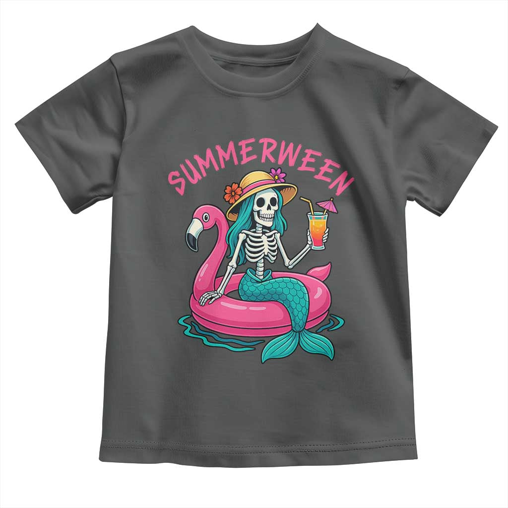 Summerween Skeleton Mermaid Toddler T Shirt Flamingo Float Funny Spooky Summer Halloween Vibes TS02 Dark Heather Print Your Wear