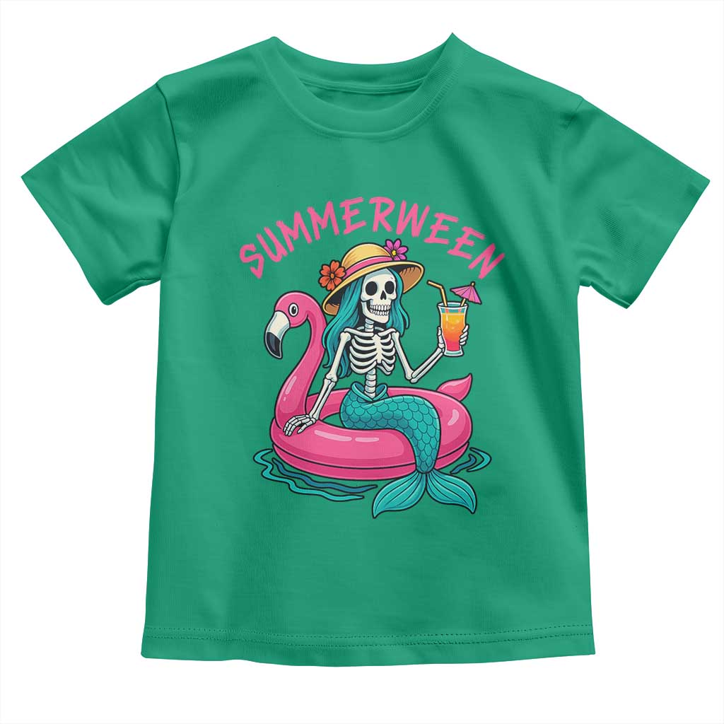 Summerween Skeleton Mermaid Toddler T Shirt Flamingo Float Funny Spooky Summer Halloween Vibes TS02 Irish Green Print Your Wear