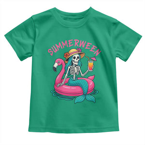 Summerween Skeleton Mermaid Toddler T Shirt Flamingo Float Funny Spooky Summer Halloween Vibes TS02 Irish Green Print Your Wear