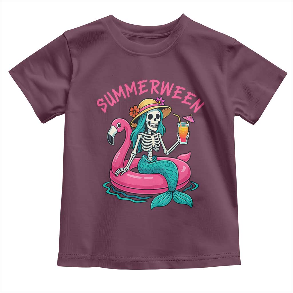 Summerween Skeleton Mermaid Toddler T Shirt Flamingo Float Funny Spooky Summer Halloween Vibes TS02 Maroon Print Your Wear