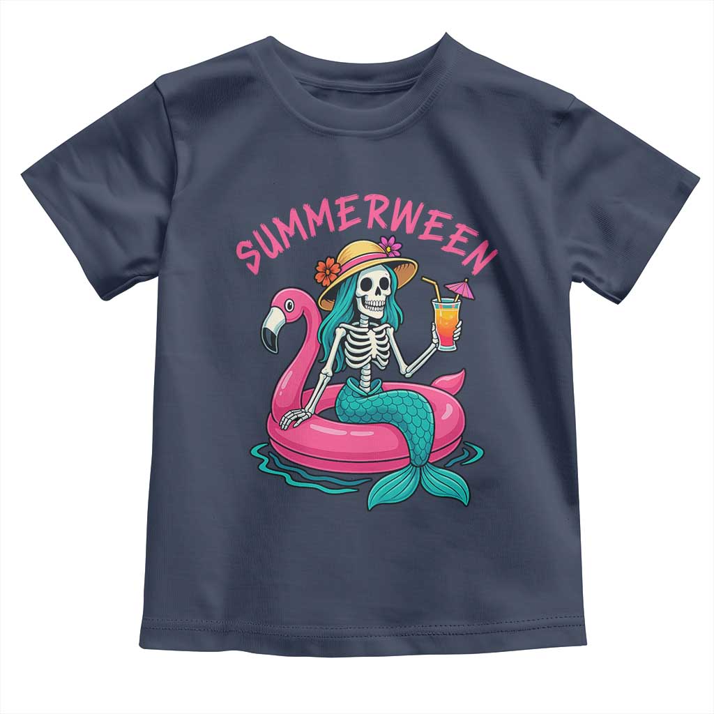 Summerween Skeleton Mermaid Toddler T Shirt Flamingo Float Funny Spooky Summer Halloween Vibes TS02 Navy Print Your Wear