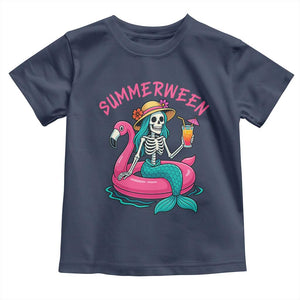 Summerween Skeleton Mermaid Toddler T Shirt Flamingo Float Funny Spooky Summer Halloween Vibes TS02 Navy Print Your Wear