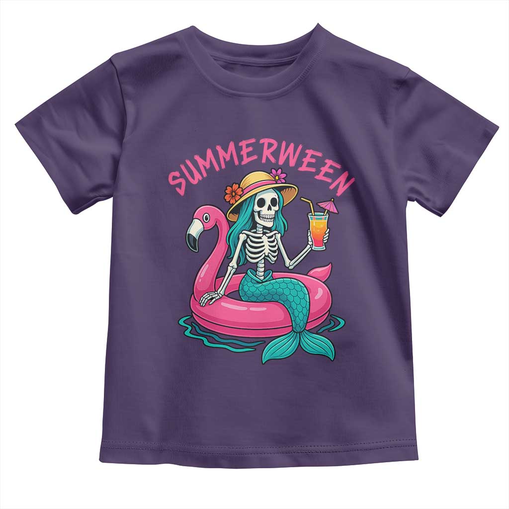 Summerween Skeleton Mermaid Toddler T Shirt Flamingo Float Funny Spooky Summer Halloween Vibes TS02 Purple Print Your Wear