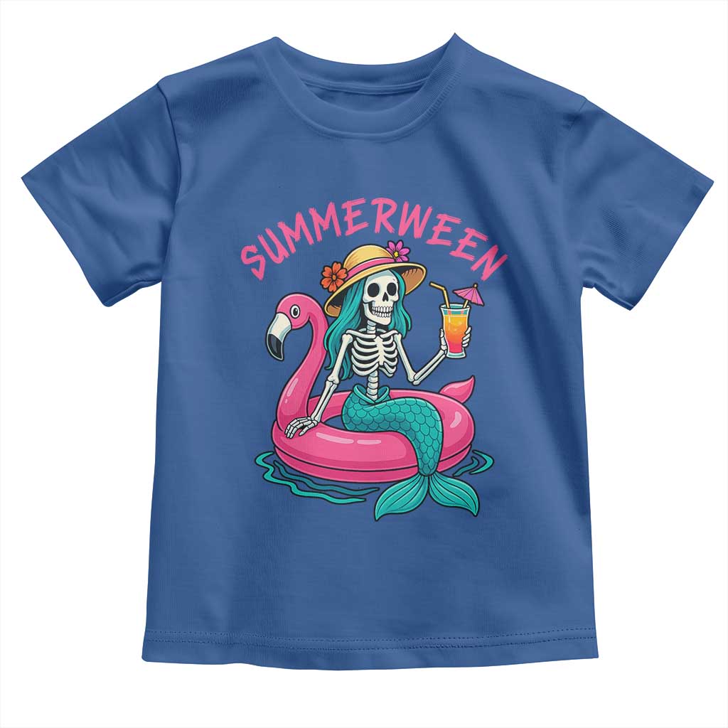 Summerween Skeleton Mermaid Toddler T Shirt Flamingo Float Funny Spooky Summer Halloween Vibes TS02 Royal Blue Print Your Wear