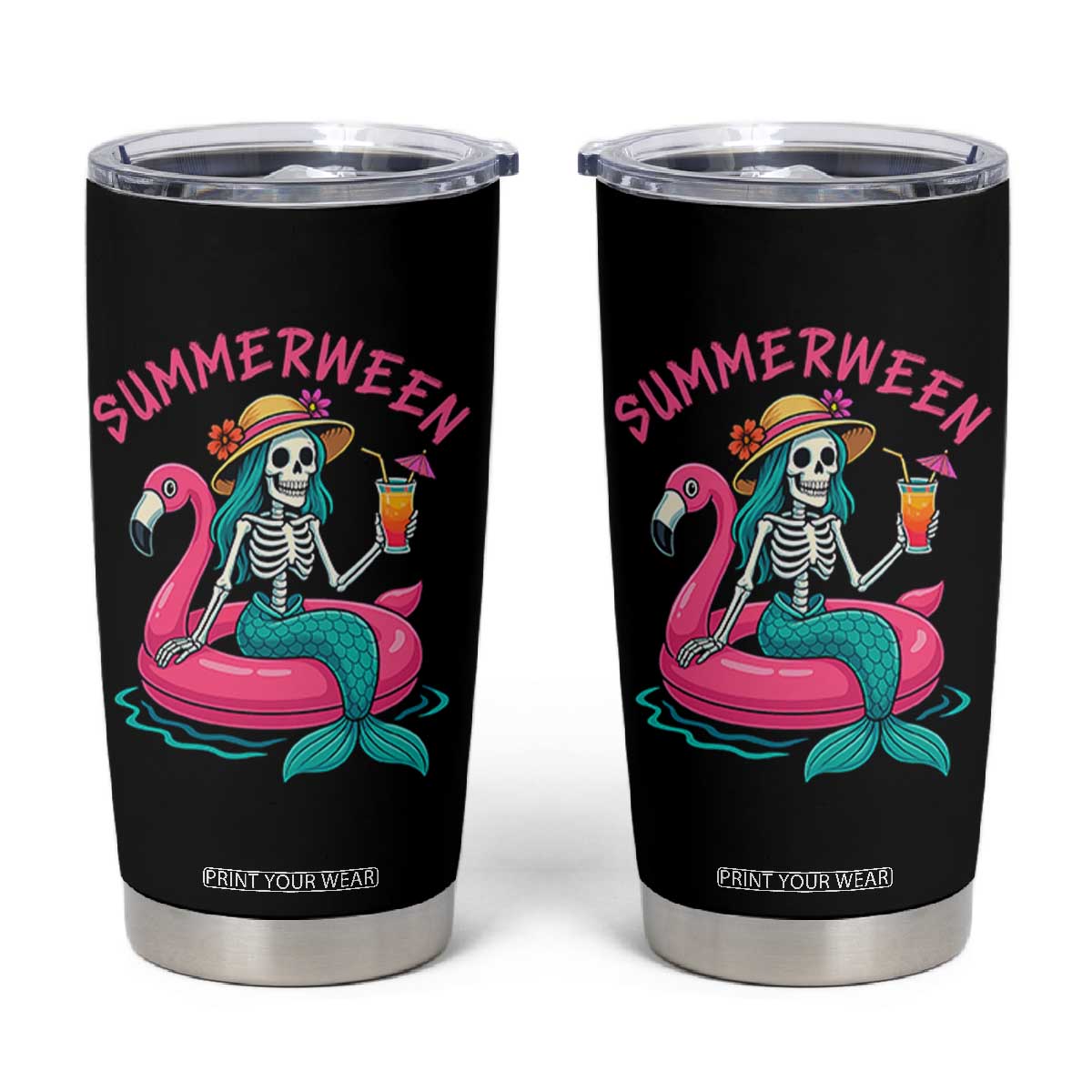 Summerween Skeleton Mermaid Tumbler Cup Flamingo Float Funny Spooky Summer Halloween Vibes TS02 Black Print Your Wear