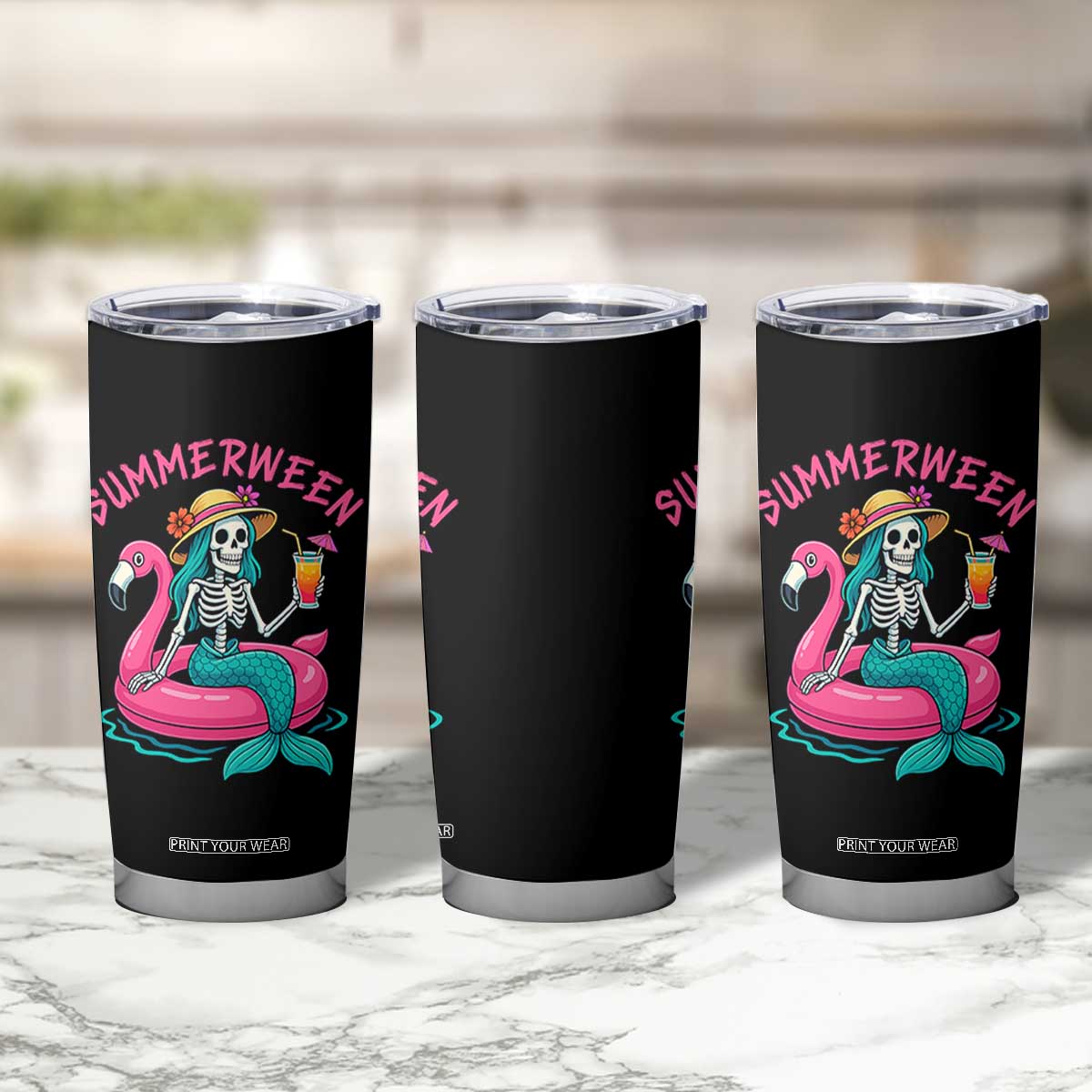 Summerween Skeleton Mermaid Tumbler Cup Flamingo Float Funny Spooky Summer Halloween Vibes TS02 Print Your Wear